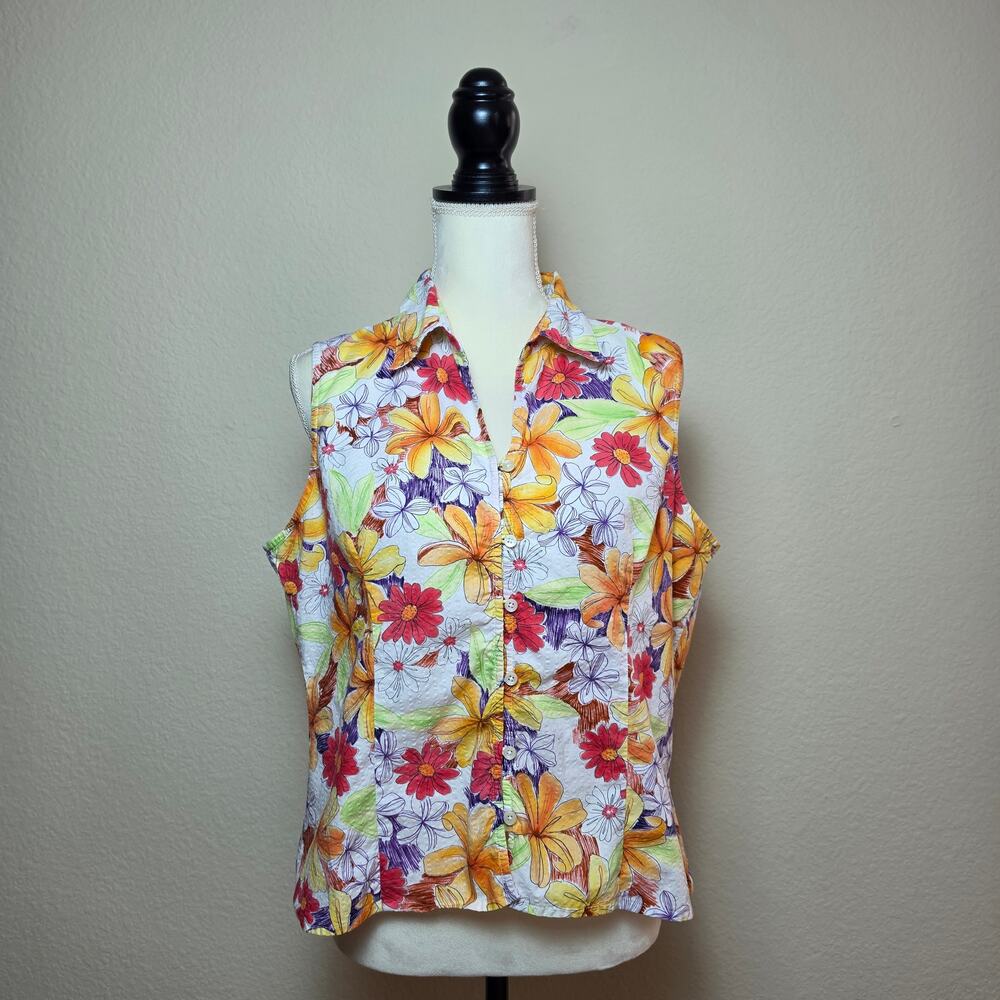 Talbots Sleeveless V-Neck Button Down Floral Blouse Large